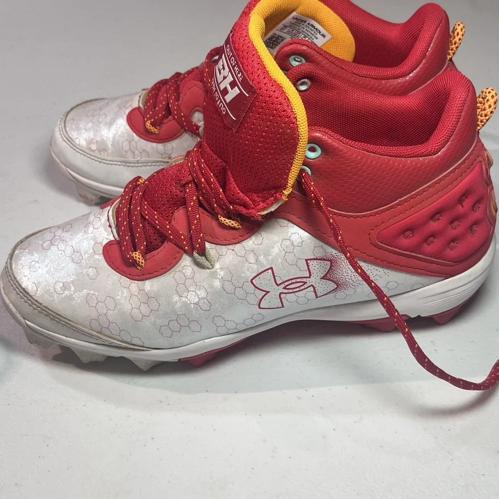 Under Armour 3026597-600 Harper 8 Mid‎ RM JR Baseball Cleats Red White US 6 EUC